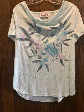 KEREN hart Pale Blue Floral Short Sleeve Cowl Neck Top